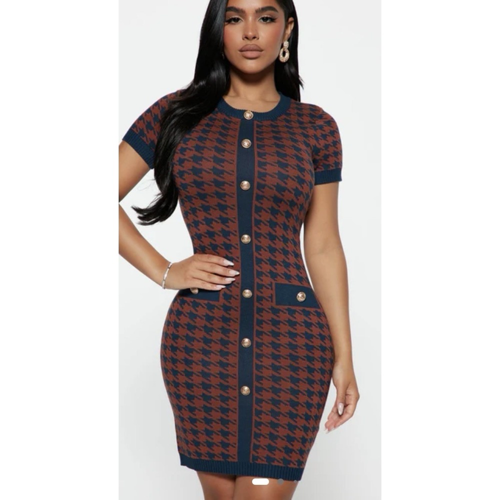 Fashion Nova Women's NYC Bound Mini Sweater Dress Navy Brown Sz S Houndstooth‎